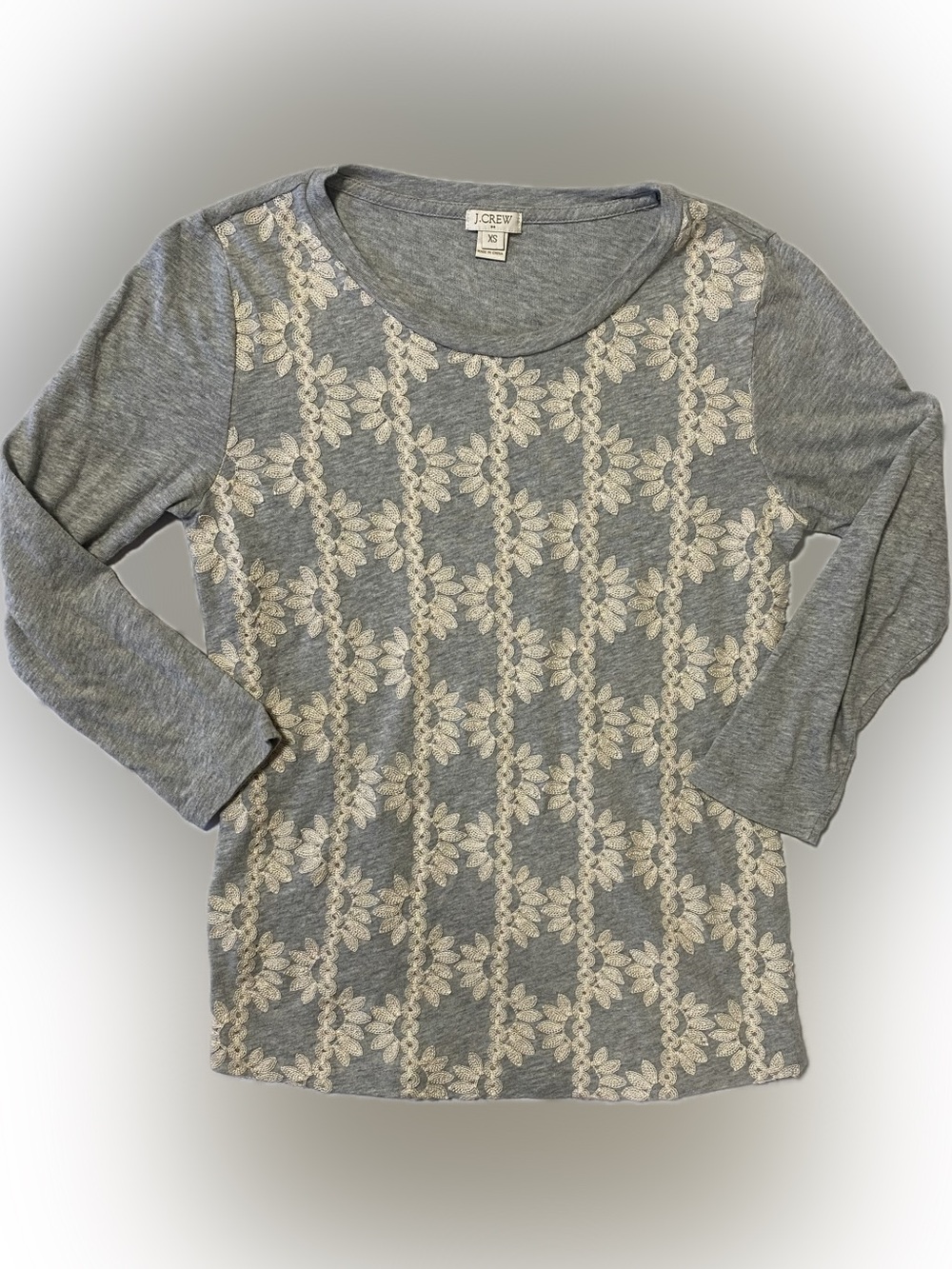 J. Crew Gray Crewneck Sweater with Cream Lace Pattern